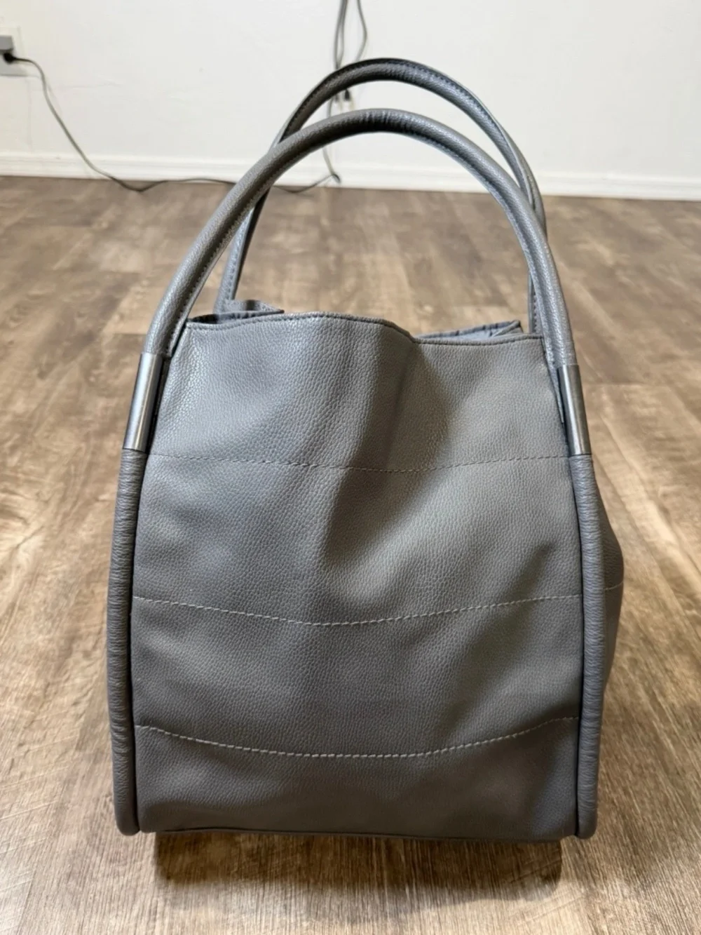 Neiman Marcus Dark Gray Faux Leather Shopper purse hand Tote Bag Travel Beach